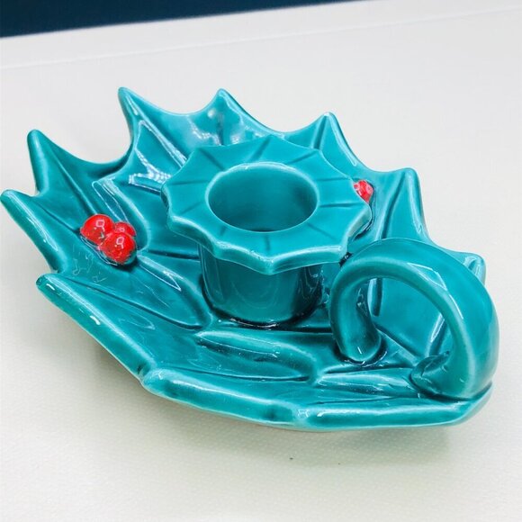 Hallmark Green Holly Berry Candleholder Dish Kitsch Vintage Christmas Decor - Picture 2 of 10